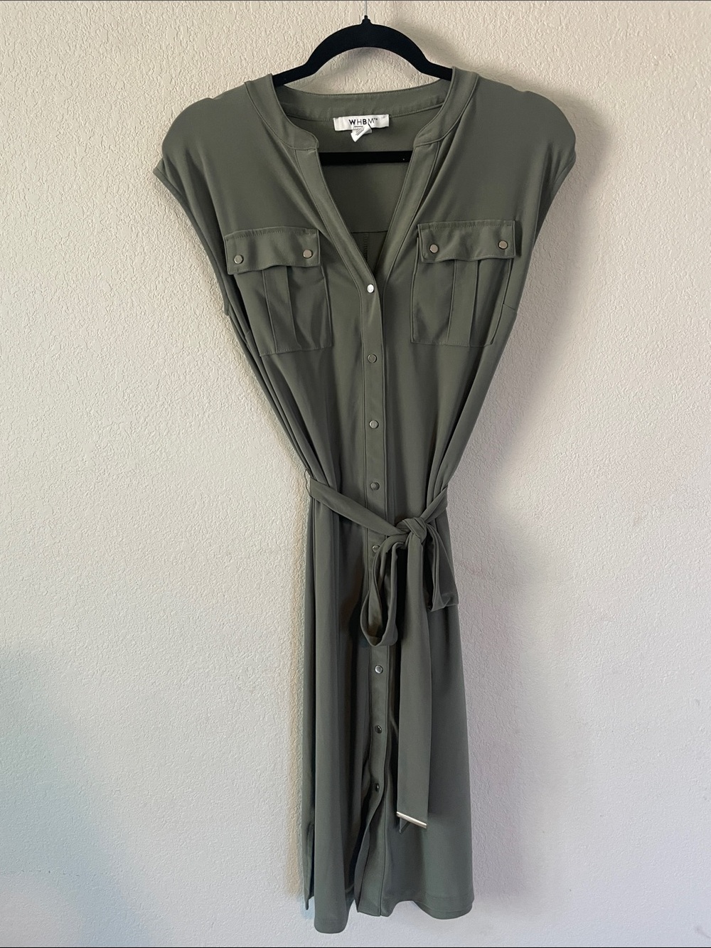White House Black Market Olive Button-Front Midi Dress with Tie Waist